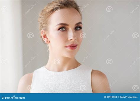 Smiling Woman In White Dress With Diamond Jewelry Stock Photo Image