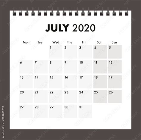 July 2020 Calendar With Wire Band Stock Vector Adobe Stock