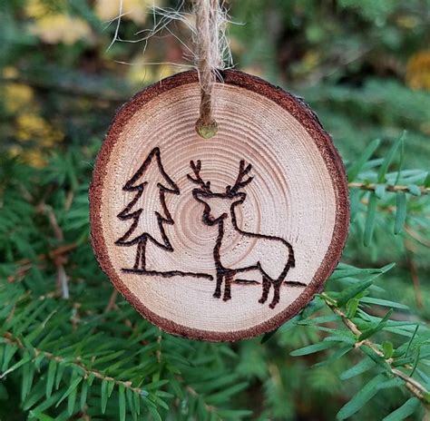 rustic wooden ornament with wood burned art simple deer and tree design wood burning