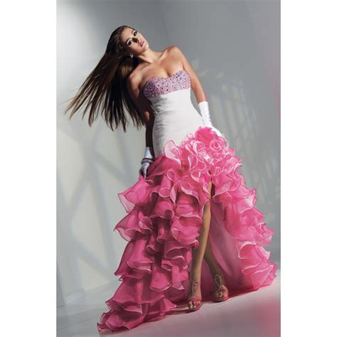 Dropped Strapless Ruffle Split Front Organza Floor Length Pink Prom