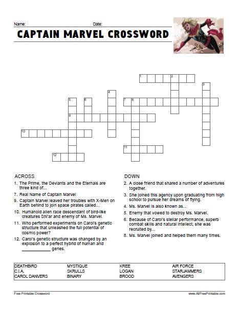 Free Printable Captain Marvel Crossword Marvel Avengers Games Marvel