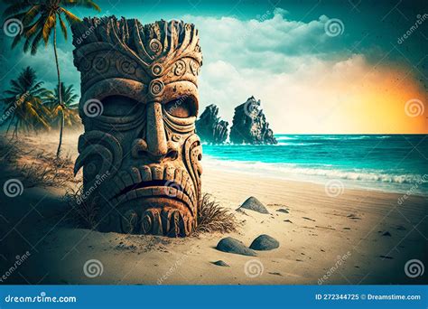 Ancient Stone Idols Tiki Mask On Beach On Exotic Island Stock