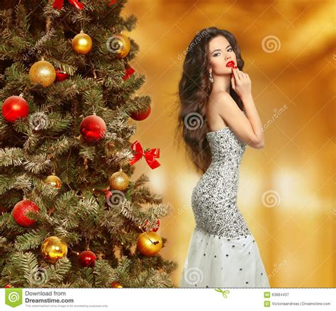 Christmas Beautiful Woman Model In Fashion Dress Makeup