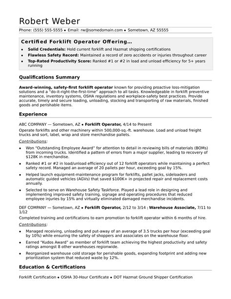 Resume Template For Forklift Operator