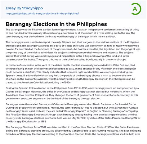 Barangay Elections In The Philippines Essay Example Studyhippo Com My