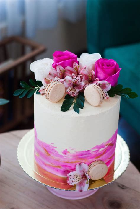 Tall Cake With Flowers And Macarons White Birthday Cakes Birthday Cake