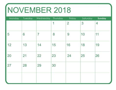 Printable November 2018 Calendar Template | 2018 calendar template, Calendar template, Calendar
