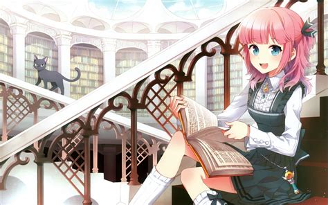 Original Characters Books Library Cat Anime Girls