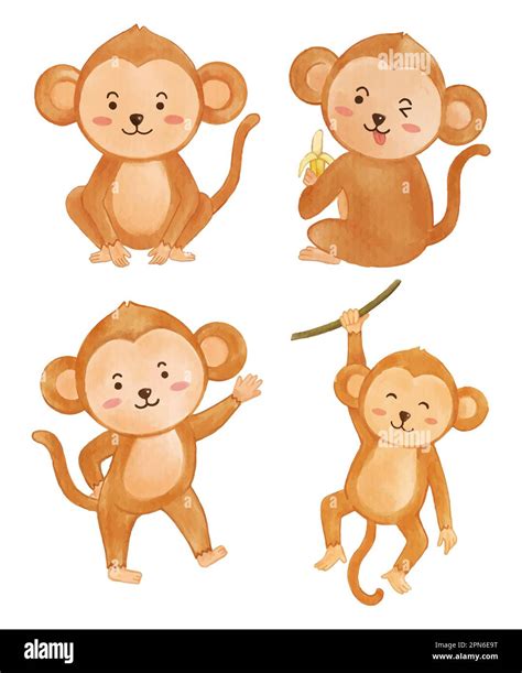 Monkey Watercolor Painting Design Set Of Cute Animals Cartoon