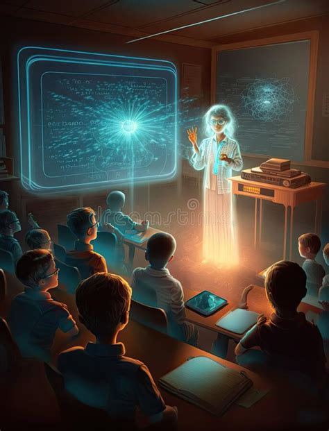 Hologram Teacher Is Teaching In A Futuristic Classroom With Online