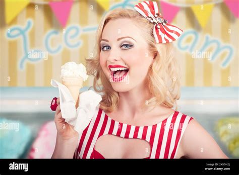 Attractive Retro Pinup Girl Eating Ice Cream Cone Inside A Vintage Ice Creamery Illustration