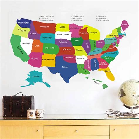 Colorful Usa Map Wall Sticker United States Of American Wall Decals For