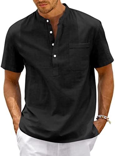 enjoybuy mens linen henley shirts short sleeve summer beach casual plain t shirt button up tee