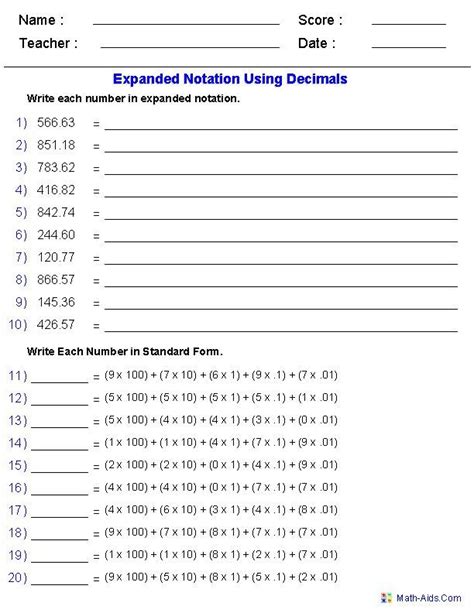 5th Grade Printable Place Value Worksheets Decimal Place Value To