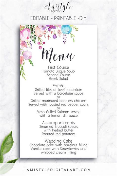 Here's all you need to make your own wedding reception menu cards. Wedding Menu, Printable Menu, Floral, DIY Menu Template ...