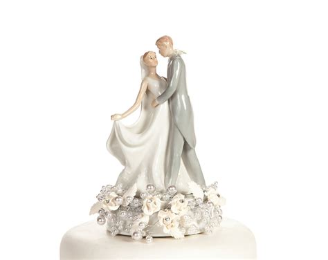 Vintage Rose Pearl First Kiss Wedding Cake Topper