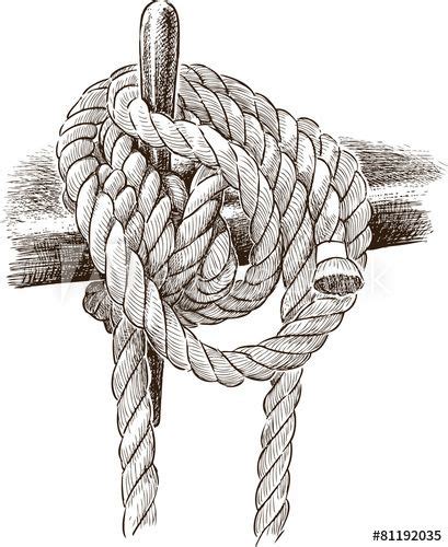 A Rope Tied To A Wooden Post In Vintage Woodcut Style Hand Drawn