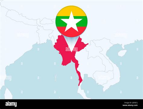 Asia With Selected Myanmar Map And Myanmar Flag Icon Vector Map And