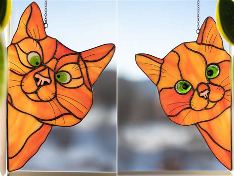 Peeking Cat Stained Glass Suncatcher Ginger Cat Lovers T Etsy