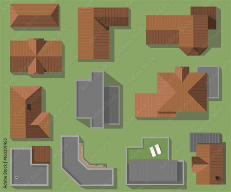 Top View Of Houses Roofs Vector Set Modern High Tech And Classic