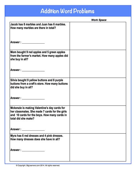 Addition Word Problems First Grade Math Worksheets Biglearners