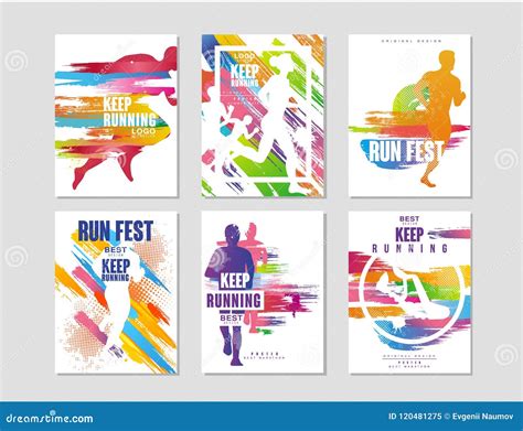 Run Fest Posters Set Sport And Competition Concept Running Marathon