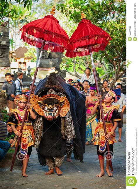 Dancers In Ethnic Costumes With Balinese Good Spirit Barong Editorial