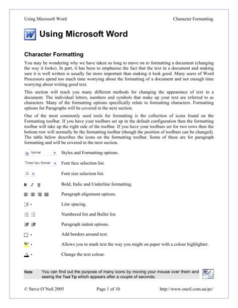 Using Microsoft Word 5 Character Formatting