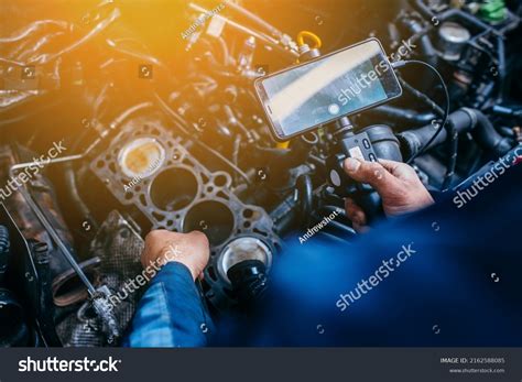 Hands Car Mechanic Check Vehicle Engine Stock Photo 2162588085