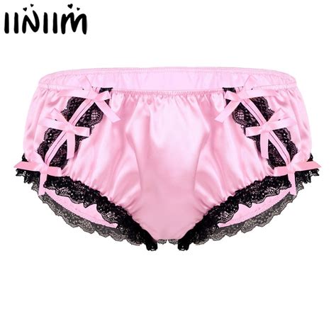 Mens Sissy Panties Shiny Ruffled Lace Satin Low Rise Stretchy Gay Male