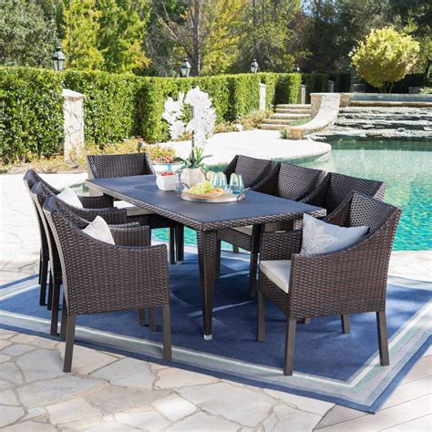 Alameda Outdoor 9 Piece Rectangular Wicker Dining Set With Cushions By