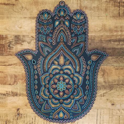 Hand Painted Henna Inspired Wooden Hamsa Hand Wall Hanging Measuring