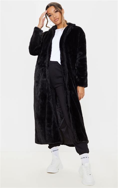 black longline faux fur coat prettylittlething