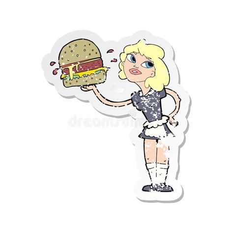 A Creative Retro Distressed Sticker Of A Cartoon Waitress Serving Burger Stock Vector