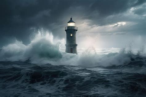 Premium Ai Image Lighthouse Surrounded By Stormy Waves With Lightning
