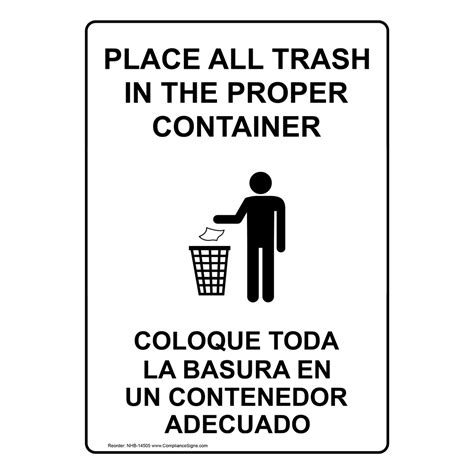 English Spanish Vertical Sign Place Trash In Proper Container