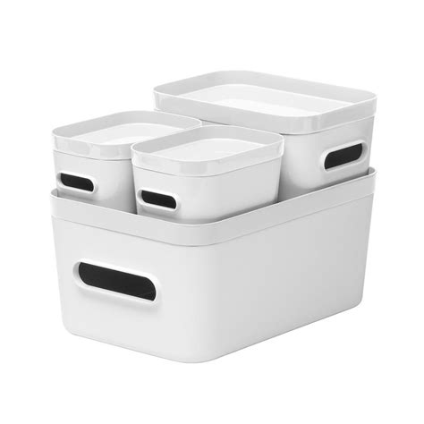 White Compact Plastic Bins 4 Pack With White Lids Plastic Storage