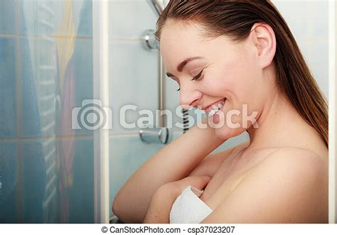 Woman Showering In Shower Cabin Cubicle Girl Showering In Shower Cabin