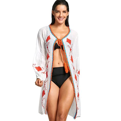 One Size Women Long Swimming Cover Ups Full Sleeve Crochet Print Beach