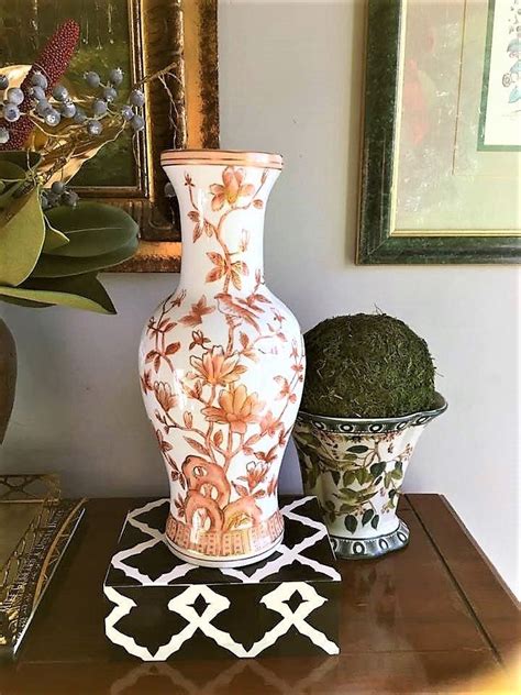Vintage Chinoiserie Vase Orange And White Vase Ceramic Vase Etsy