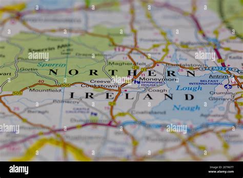 Northern Ireland Shown On A Road Map Or Geography Map And Atlas Stock