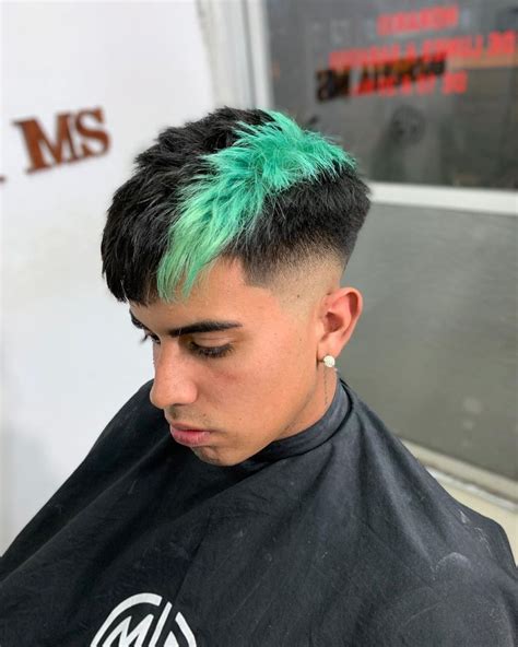Fade Hairstyle With Colored Stripe Boys Colored Hair Green Hair Men