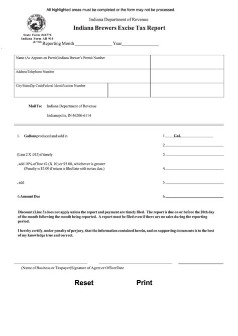 Fillable Indiana Form Ab 910 Indiana Brewers Excise Tax Report Form