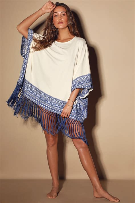 Splash Of Color Cream And Blue Embroidered Tassel Swim Cover Up Cover
