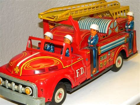 Vtg Japanese Yonezawa Fire Truck Friction Pressed Tin Toy Large Air