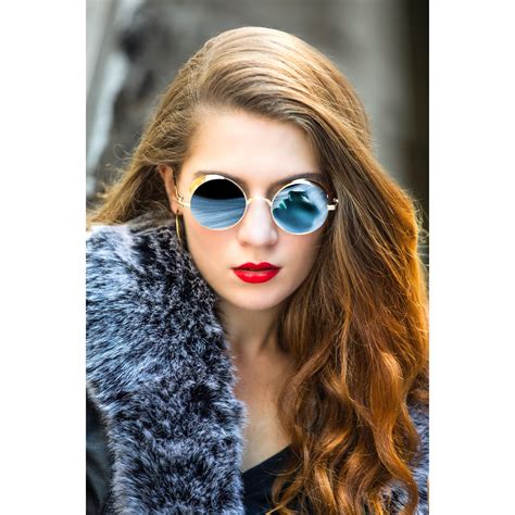 Free Photo Woman Taking Selfie Wearing Round Blue Sunglasses