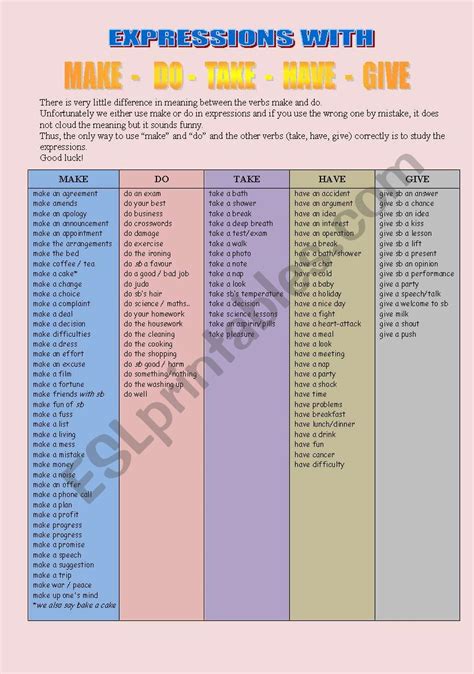 Expressions With Make Do Take Have Give Esl Worksheet By Enahudi