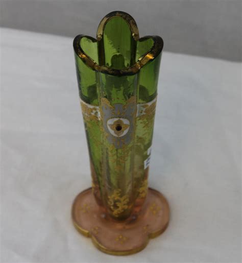 Bargain John S Antiques Moser Art Glass Floral Enameled Stick Green Vase Bargain John S Antiques