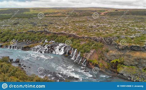 Hraunfossar Waterfalls Iceland Aerial View From Drone On A Summer Day