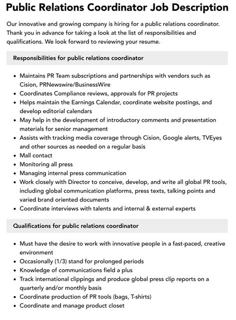 Public Relations Coordinator Job Description Velvet Jobs